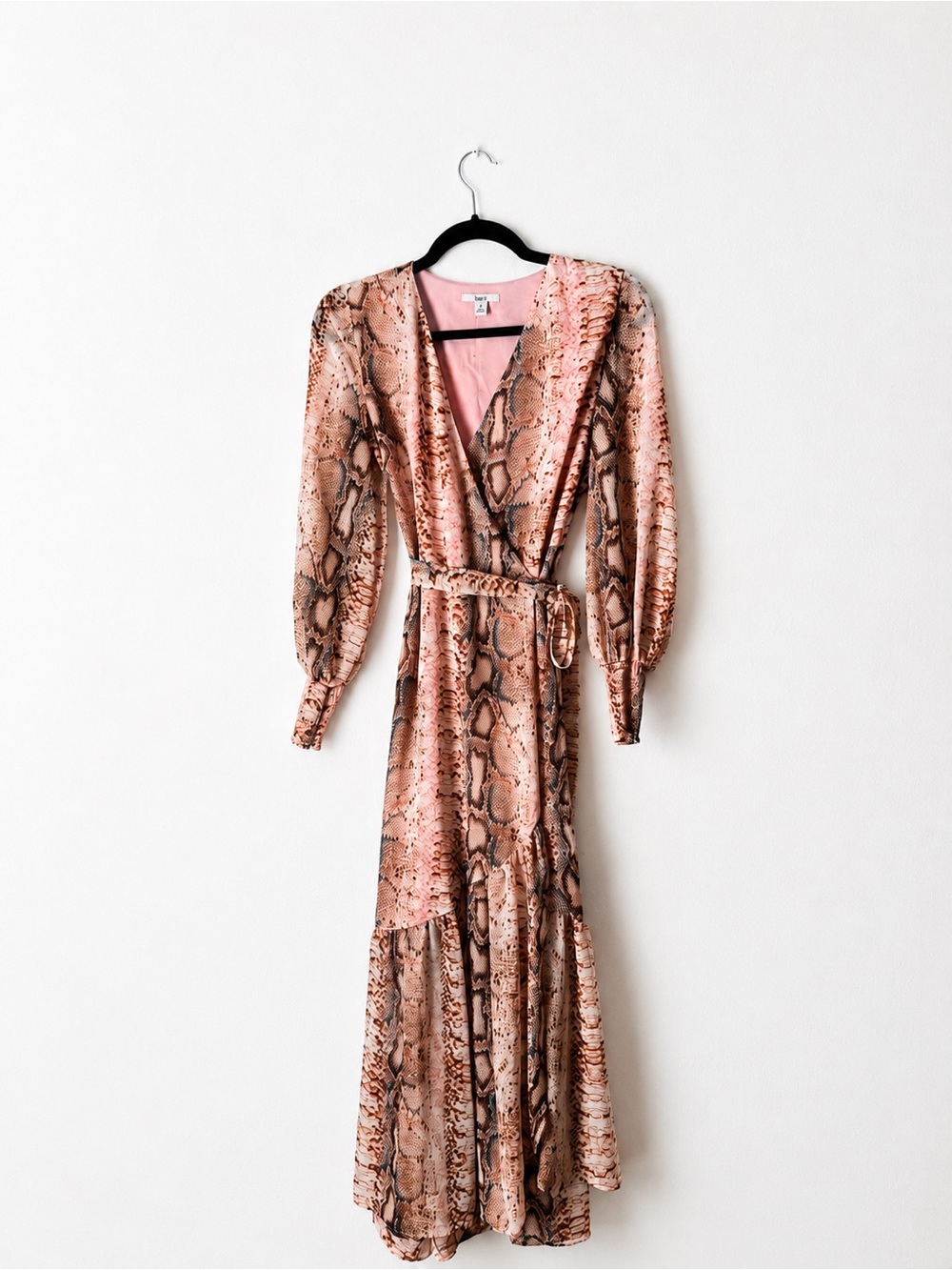 Pink and Brown Snake Print Wrap Maxi Dress | Belted Boho Glam Long Sleeve